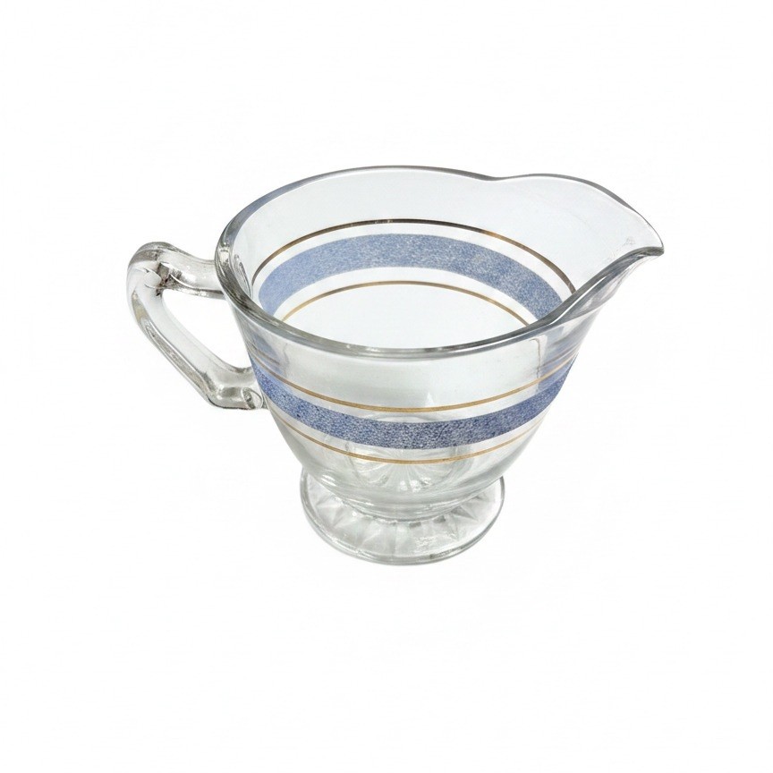 Vintage Clear Glass Creamer Pitcher with Blue and Gold Bands