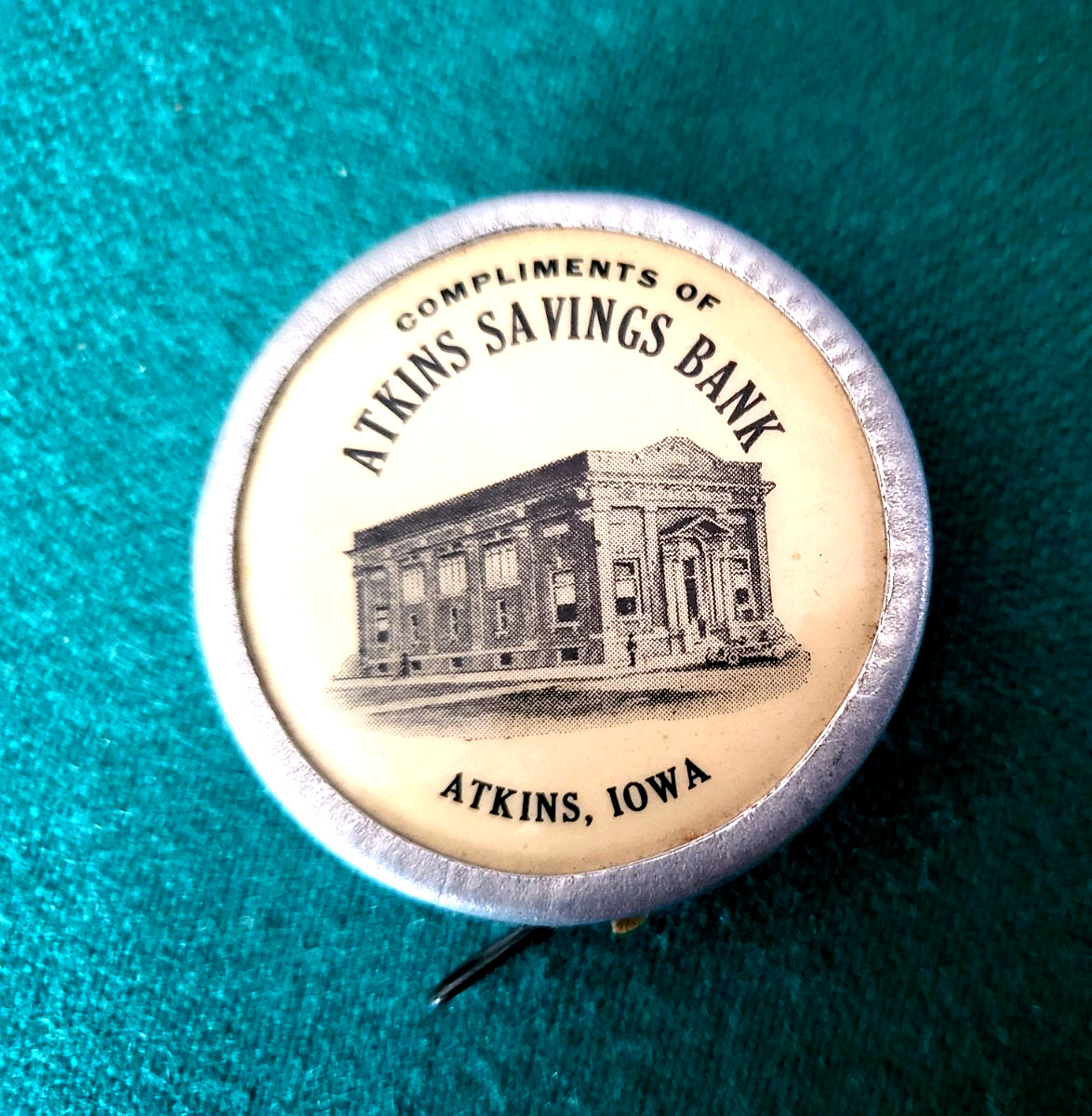 ATQ 1919 Celluloid & Metal Advertising Tape Measure, Atkins Savings Bank, Iowa