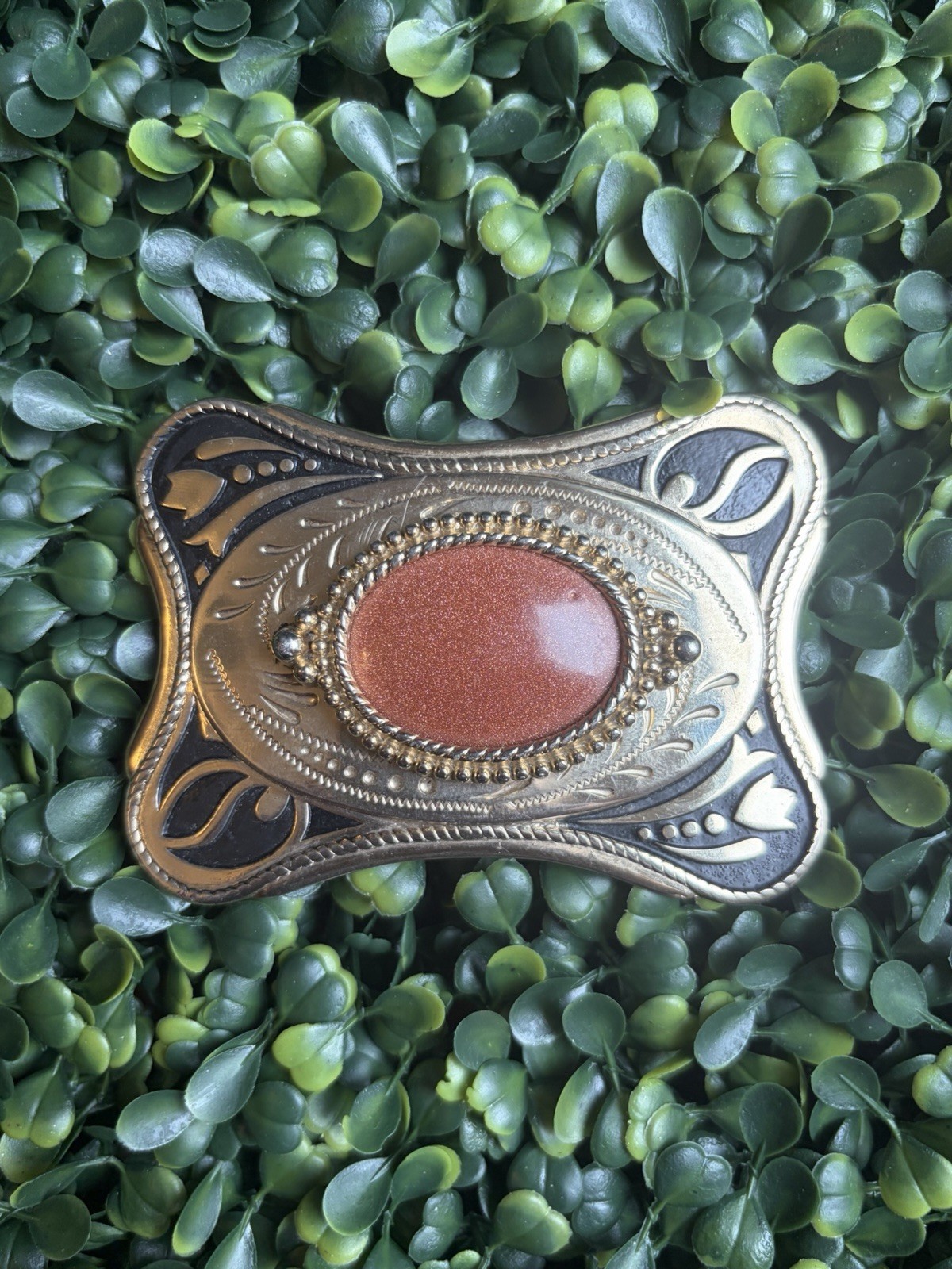 Vintage Western Belt Buckle Goldstone Cabochon Gold Silver Tone Black Accents 
