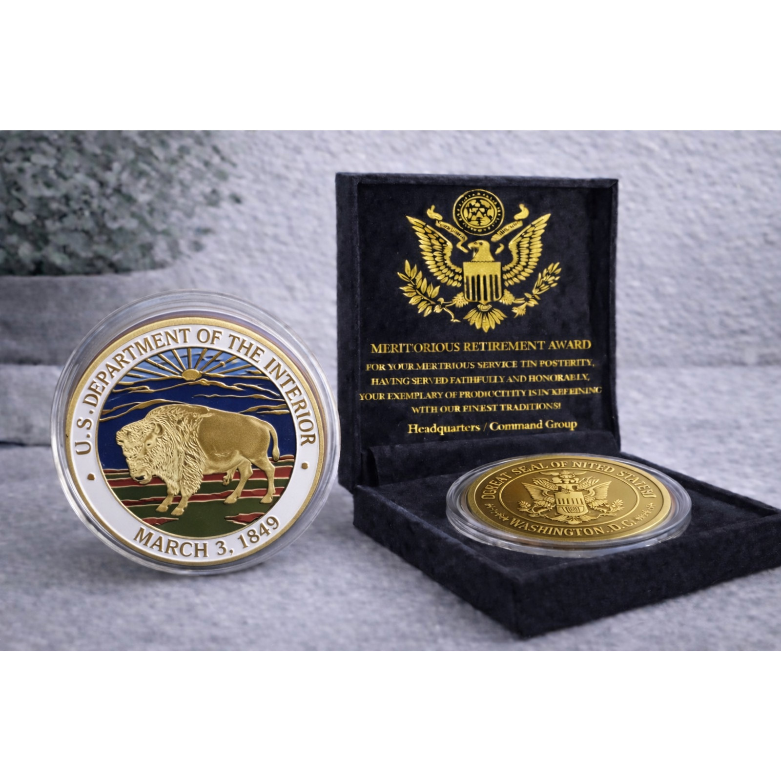 Department of Interior Challenge Coin USA w/ Retirement Award