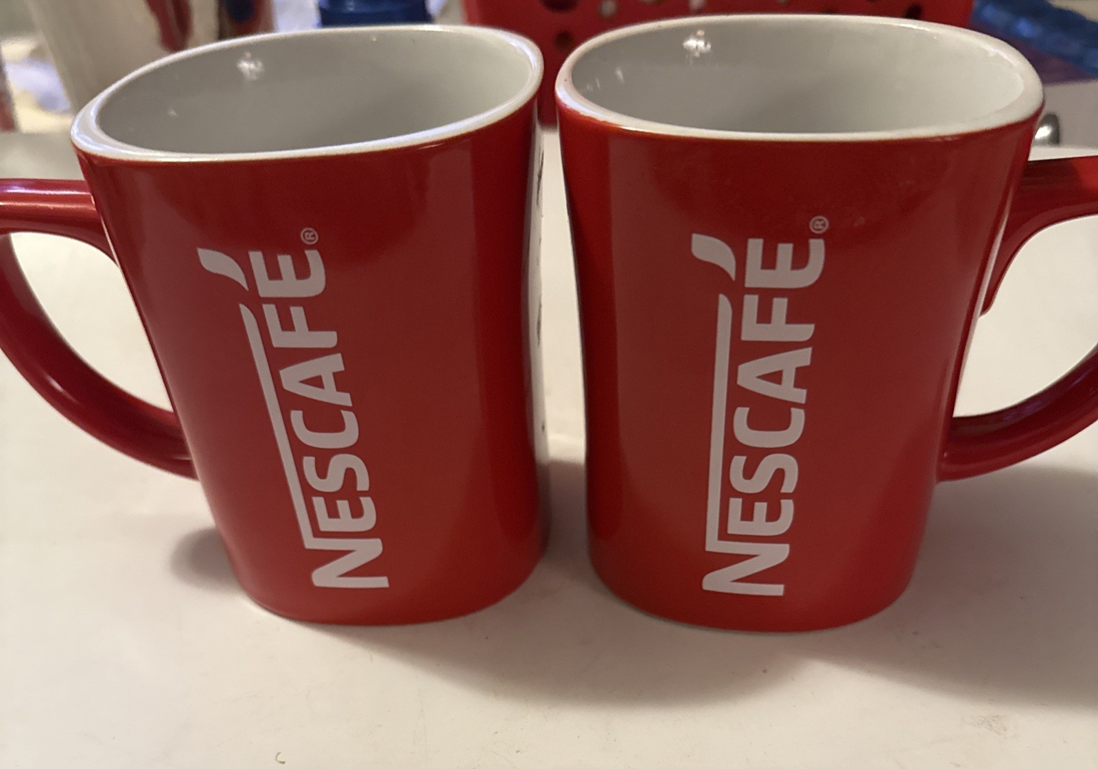 Lot Of 2 Nescafe 11oz.  Coffee Tea Mug Red & White by Nestle Square Ceramic VGC