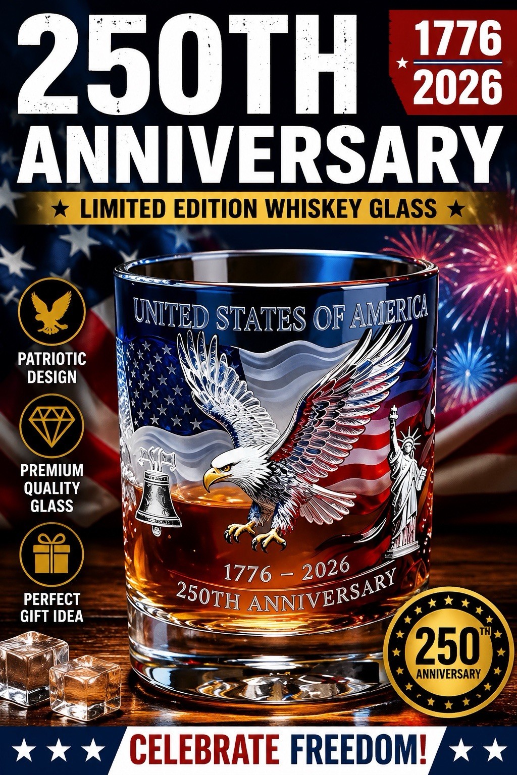 US 250th Anniversary Whiskey Glass 1776-2026 Eagle Rocks Tumbler Patriotic Gift