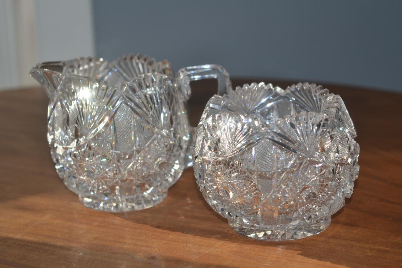 Striking Antique American Brilliant Cut Crystal Open Sugar & Creamer 3+ Pounds