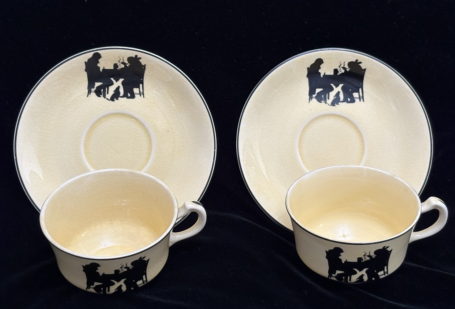 VTG Pair (2) Pale Yellow Crooksville China Co “Silhouette” Tea Cups/ Saucers