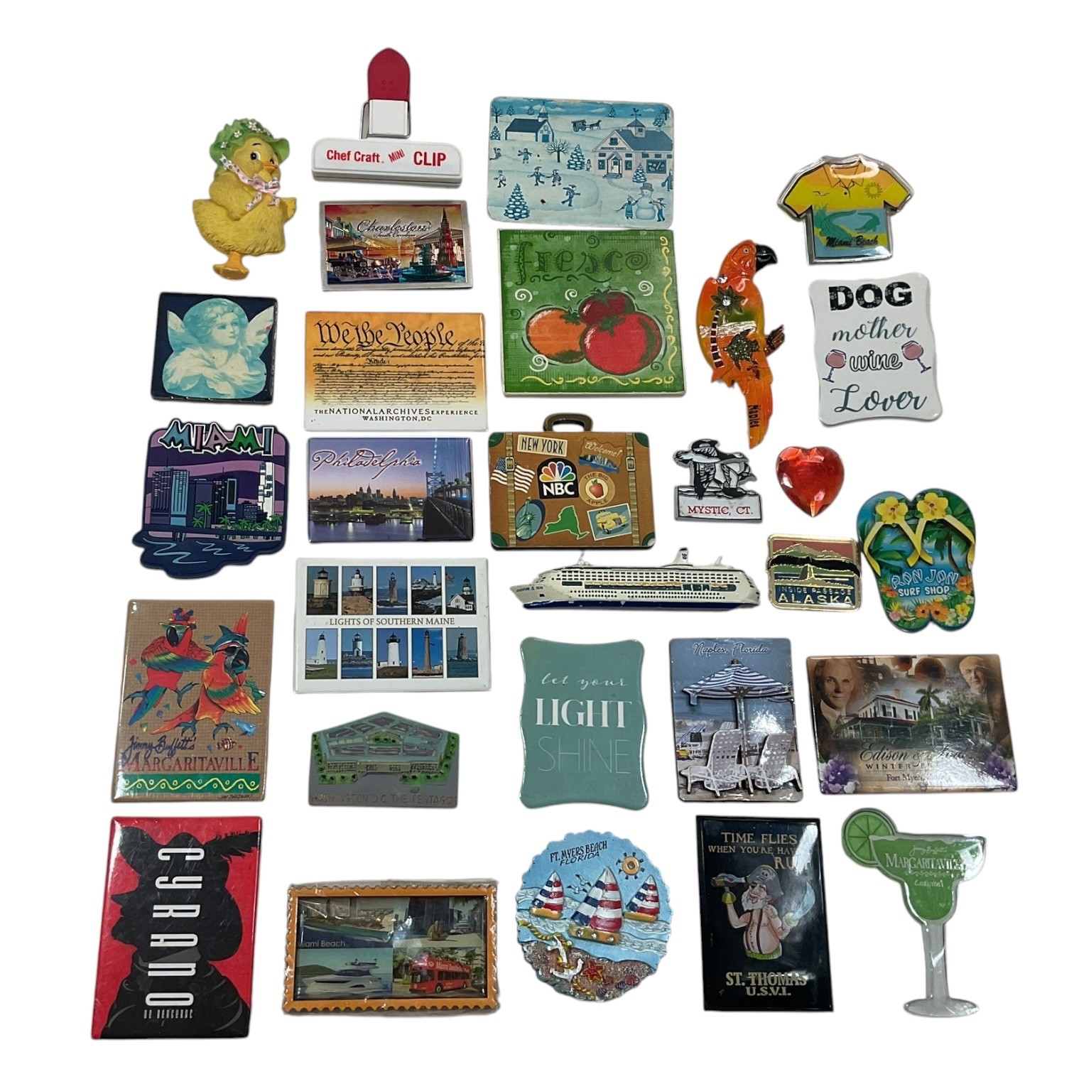 28pc Souvenir Refrigerator Magnet Lot Travel Tourist NY Miami DC Ron Jon