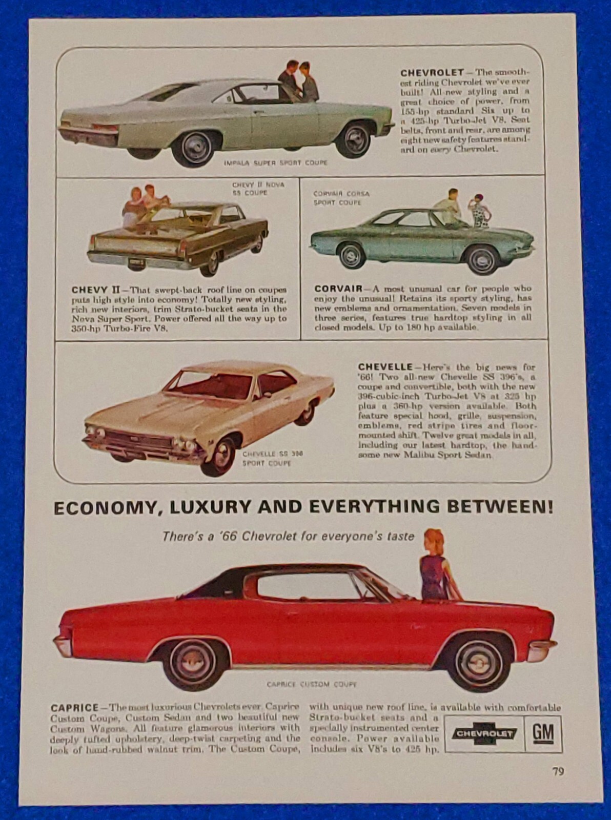 1966 CHEVY DEALER LINEUP CHEVELLE IMPALA NOVA CAPRICE CORVAIR ORIGINAL PRINT AD
