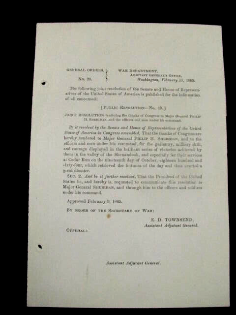 CIVIL WAR  SHENANDOAH AND CEDAR CREEK VIRGINIA VICTORY ORDER 1865