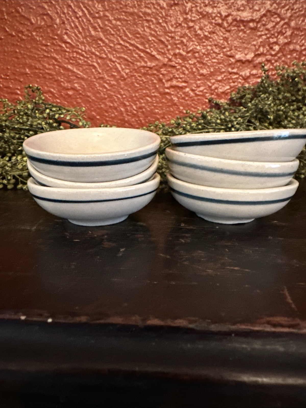 Vintage Butter Stoneware Pottery Mini Bowl Dish Blue Stripe 2.5” Chunky 6 Rare