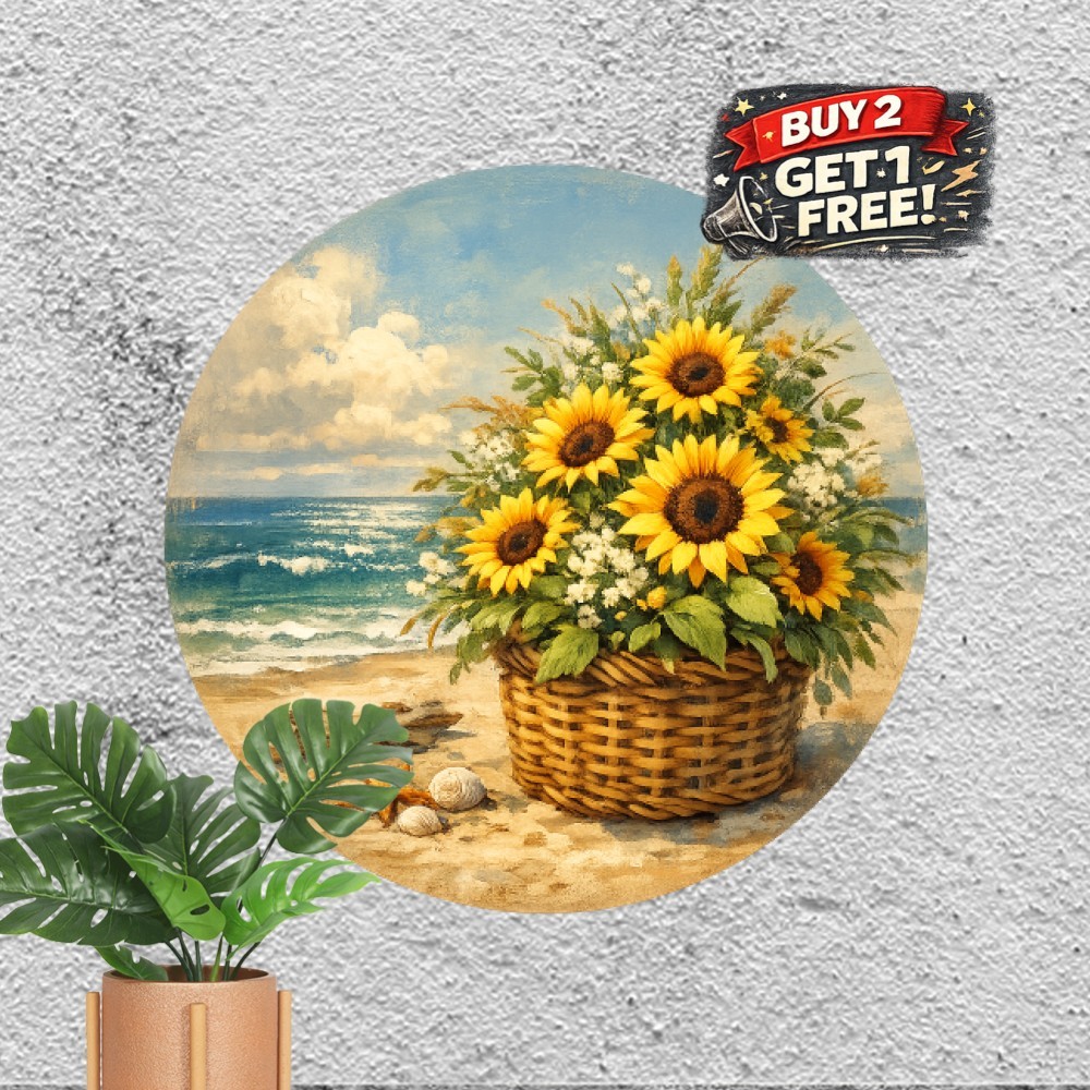 Coastal Beach Sunflower Living Room Ocean Wall Decor Round Metal Tin Sign 8x8