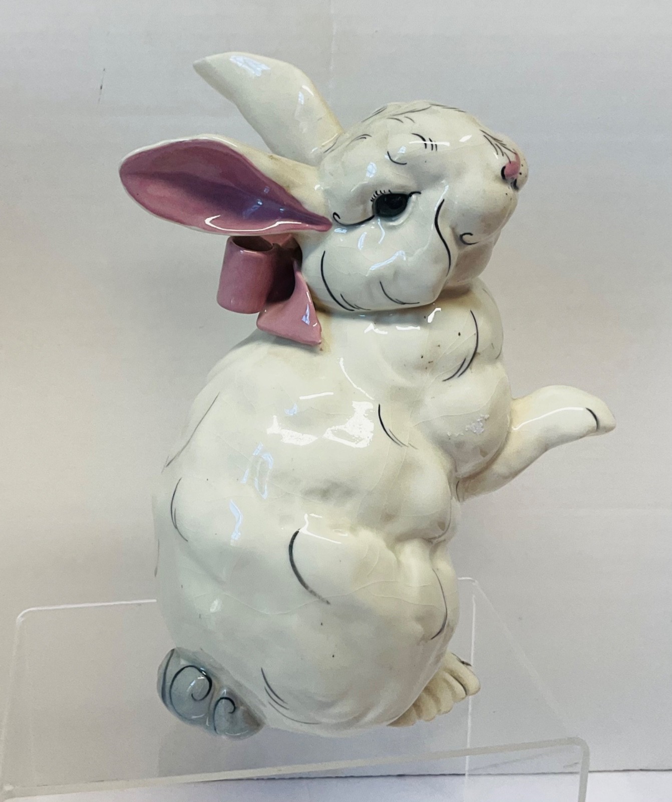 Adorable Vintage KAY FINCH California Pottery White RABBIT W/Pink Bow Figurine