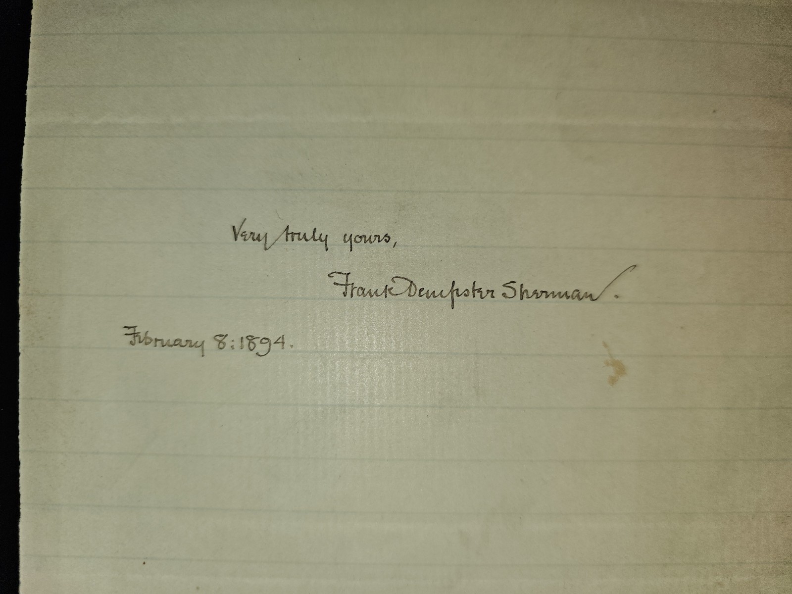 1894 Frank Dempster Sherman Autographed Paper American Poet & Columbia Proffesor