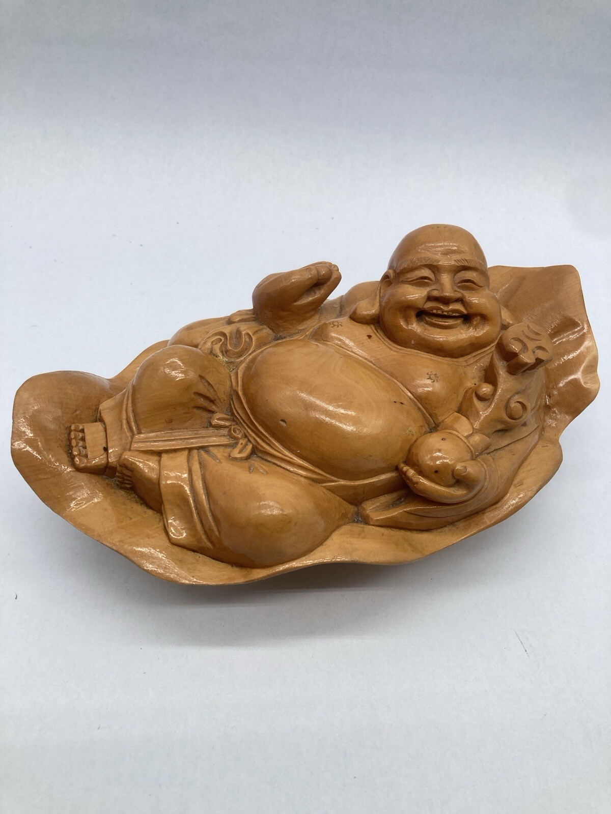 Rare Happy Lounging Buddha Hand Carved Floating On Lotus Leaf Pod Good Fortune