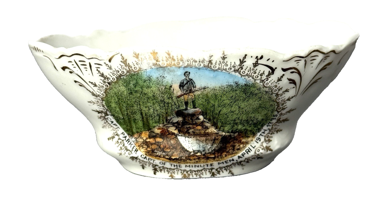 Capt Parker Minute Men MA Massachusetts Antique Souvenir China Trinket Bowl