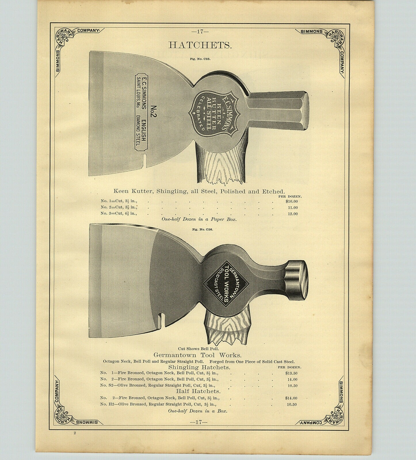 1890 PAPER AD 4 PG Keen Kutter Simmon\'s Stockton Hatchet Shipping Crate