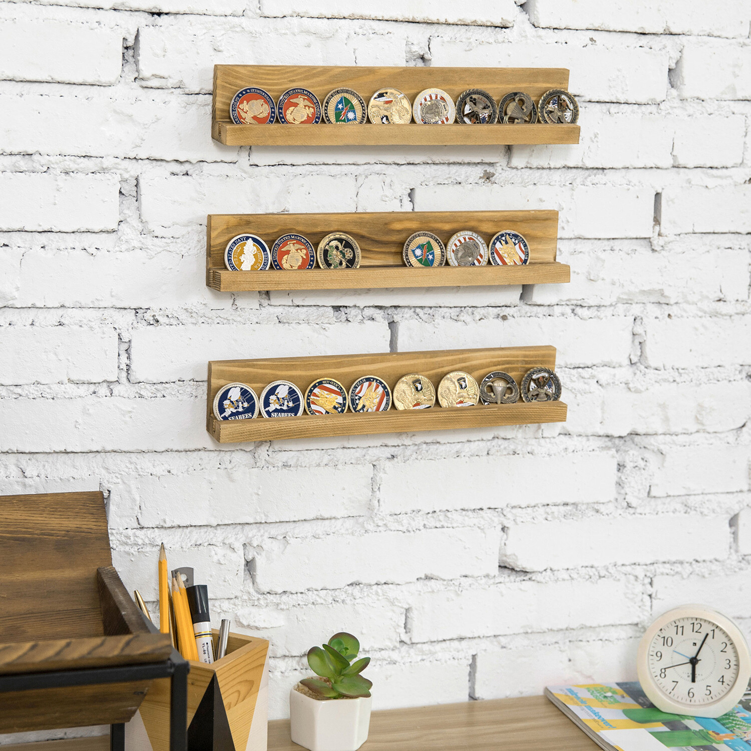 MyGift Set of 3 Brown Wood Challenge Coin and Casino Chip Display Wall Racks