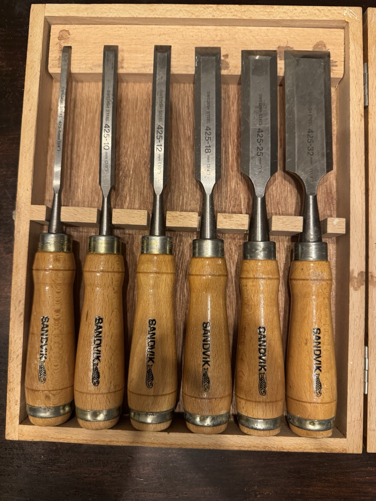 Set Of 6 SANDVIK SWEDEN CHISELS Wooden HANDLES SWEDISH STEEL Good Used Condition
