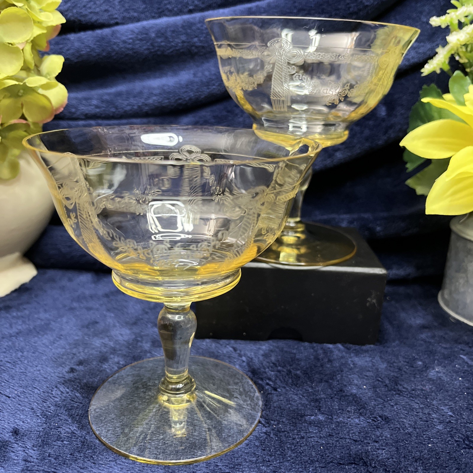 Tiffin Franciscan Paulina Mandarin Yellow 4 1/4” Champagne Stem #15042 C.1930-35 Tiffin Franciscan Paulina Mandarin Yellow 4 1/4” Champagne Stem #15042 C.1930-35