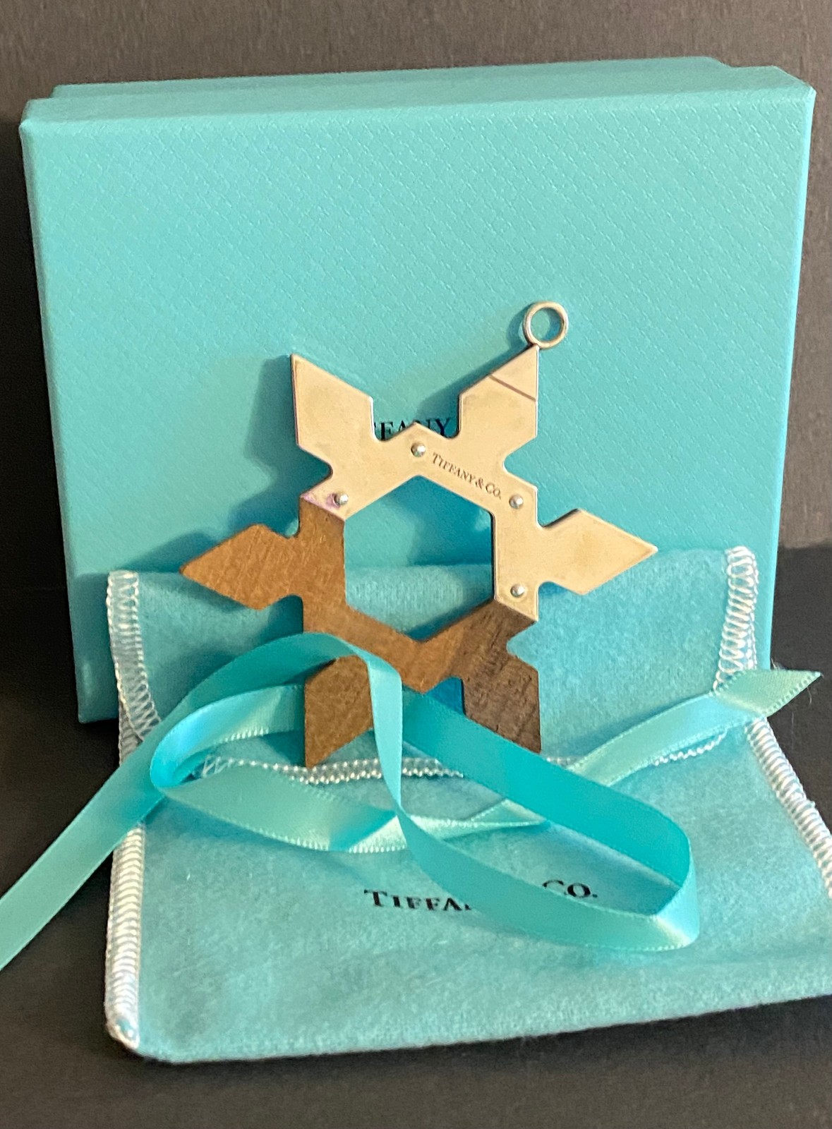 Tiffany & Co. American Walnut & Sterling Silver Snowflake Holiday Ornament NIB