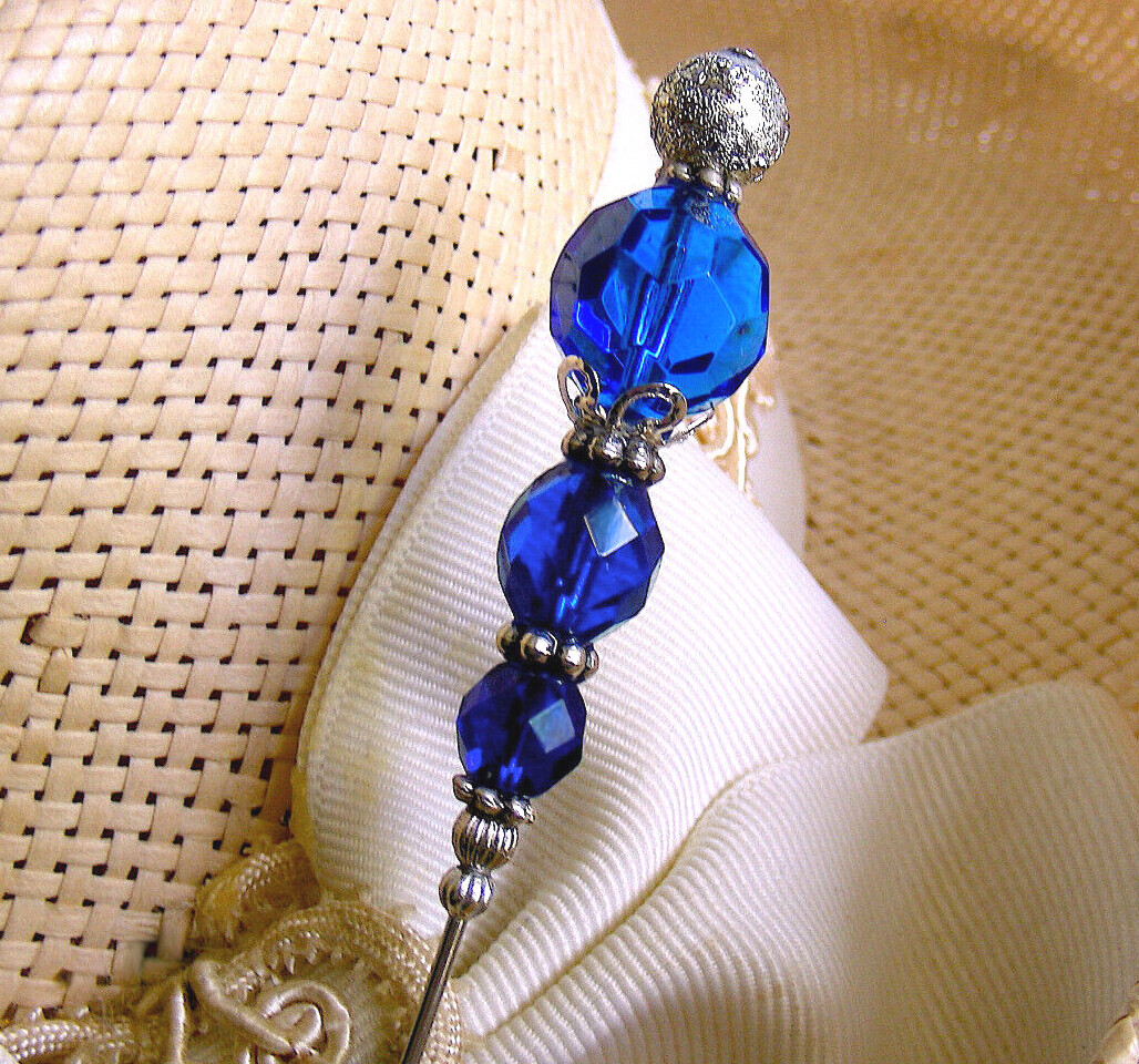HATPIN with CLASSY DARK BLUE CRYSTALS on SILVER FINISH SETTING 8\