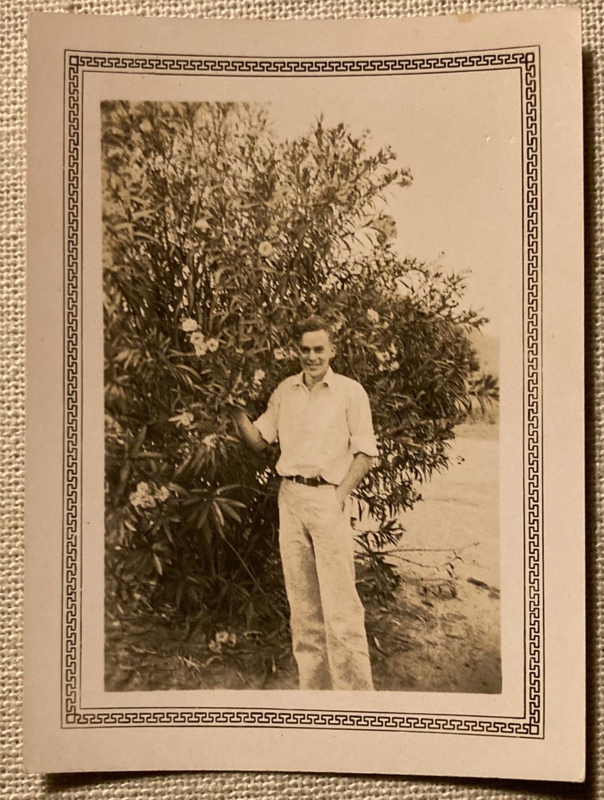 Vintage Photo 1930s Man Posing With Tree Flowers Black & White 3.75