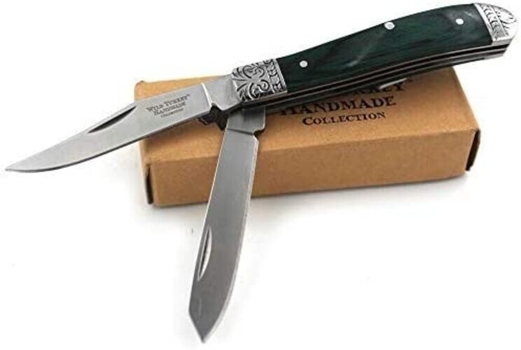 Green Wood Two Blade Trapper Pocket Knife Manual Folding