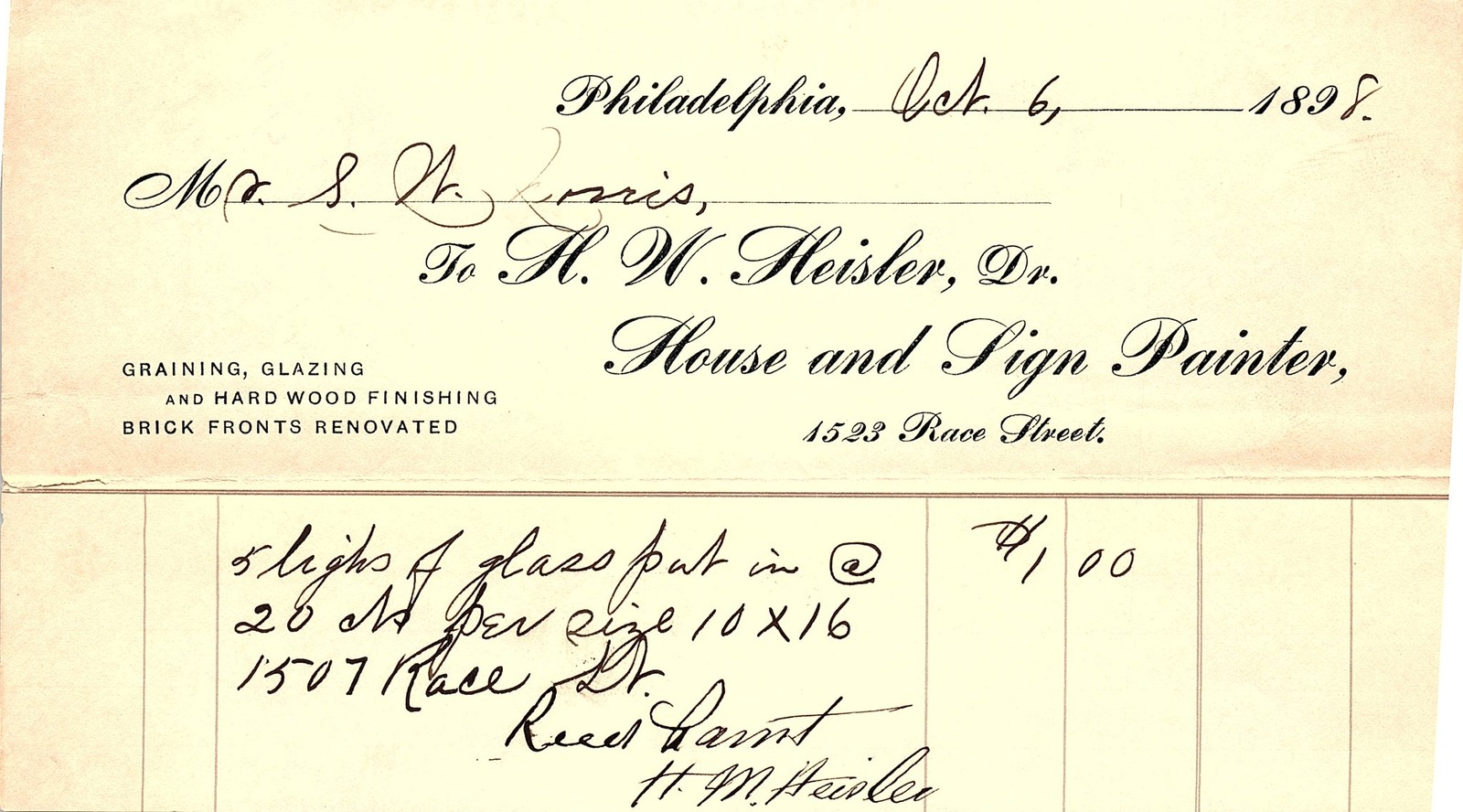 1898 Philadelphia Painter Billhead - H. W. Heisler