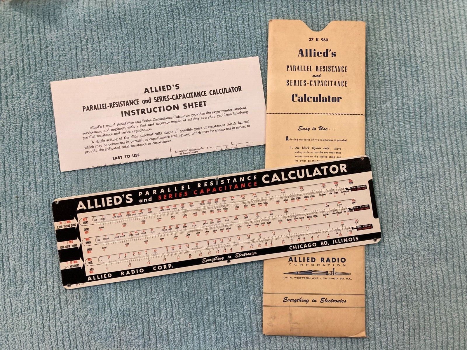 Allied\'s Parallel Resistance & Series Capacitance Calculator Slide Rule 37 K 960 Allied\'s Parallel Resistance & Series Capacitance Calculator Slide Rule 37 K 960