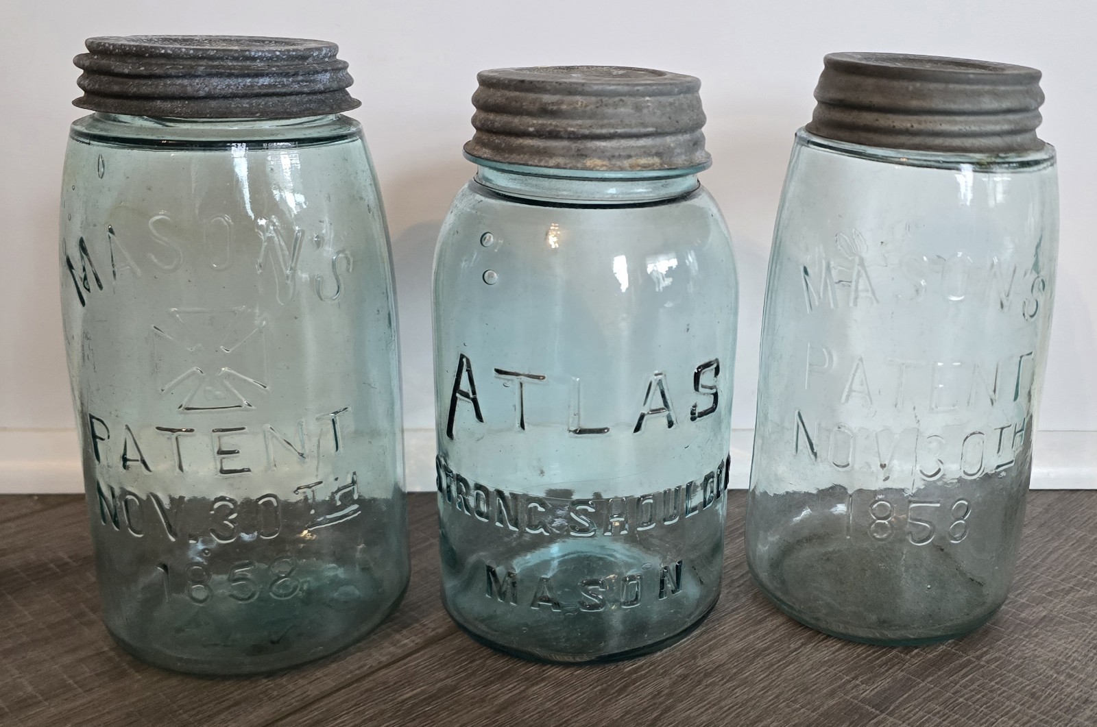 Antique Aqua Mason Jars Lot 3 Hero Cross 1858 Atlas Strong Shoulder Zinc Lids