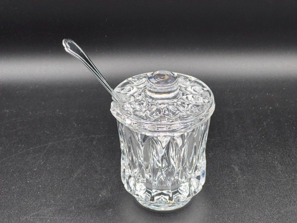 Vintage Cut Glass Crystal Condiment Jar W/Lid And Spoon