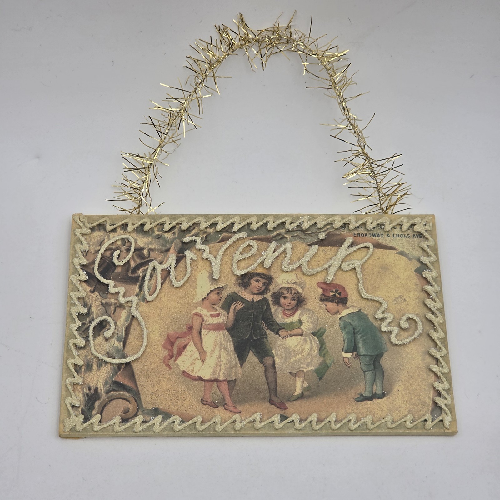 Antique Postcard w/ Hand crafted Framed Hanging Glass Plaque \