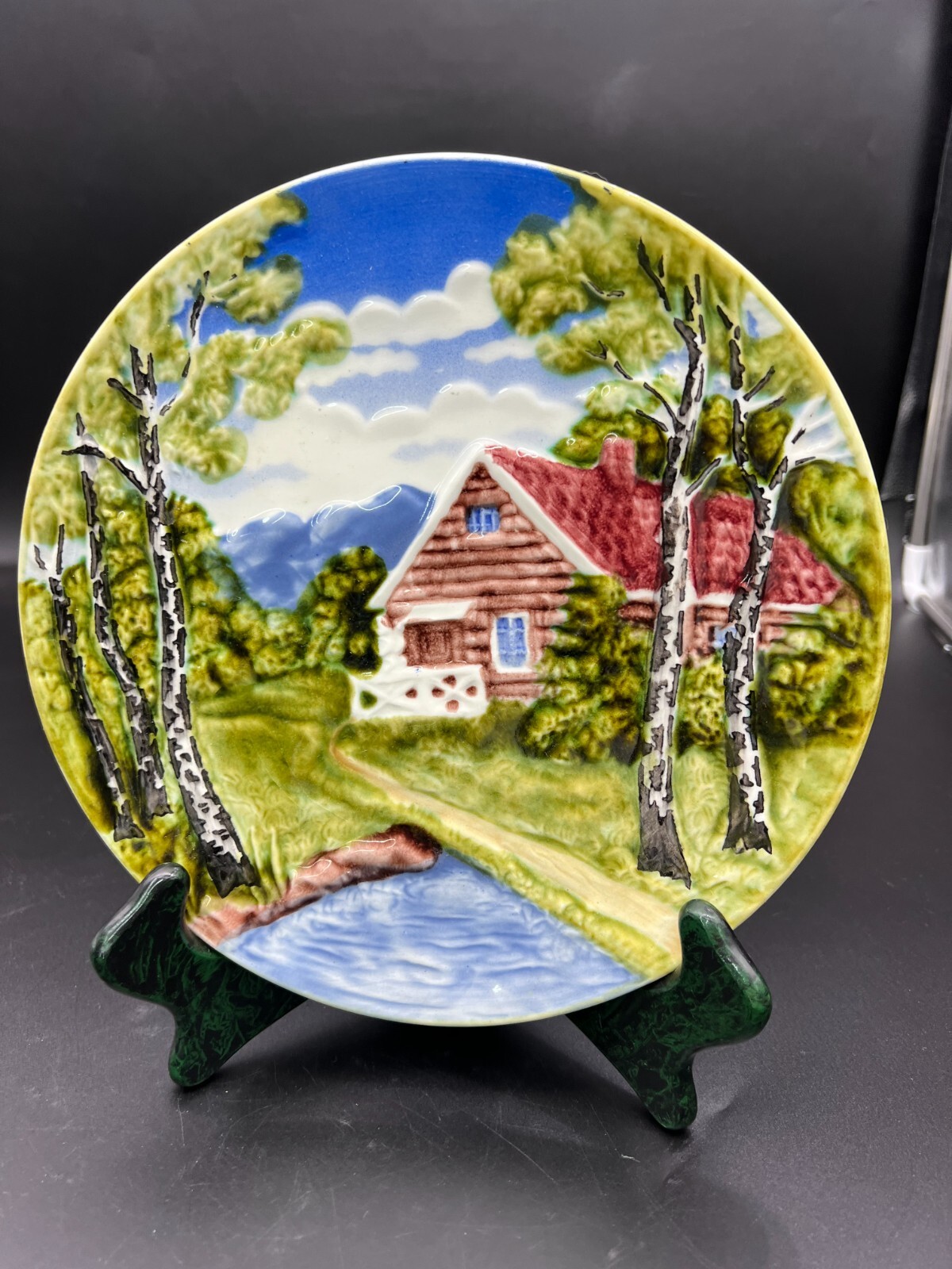 Germany Majolica Bas Relief Plate-Cabin in the Woods