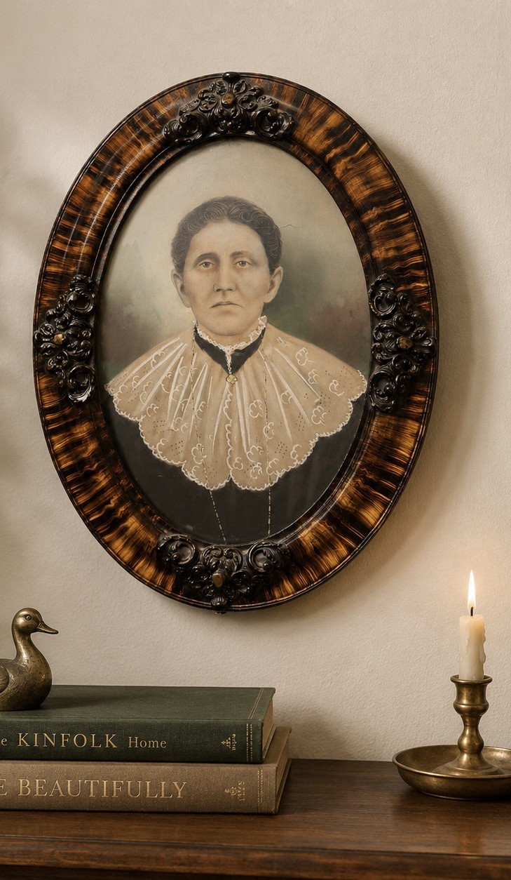 Antique Oval Detailed Frame With Fisheye Glass W/Print Of Woman