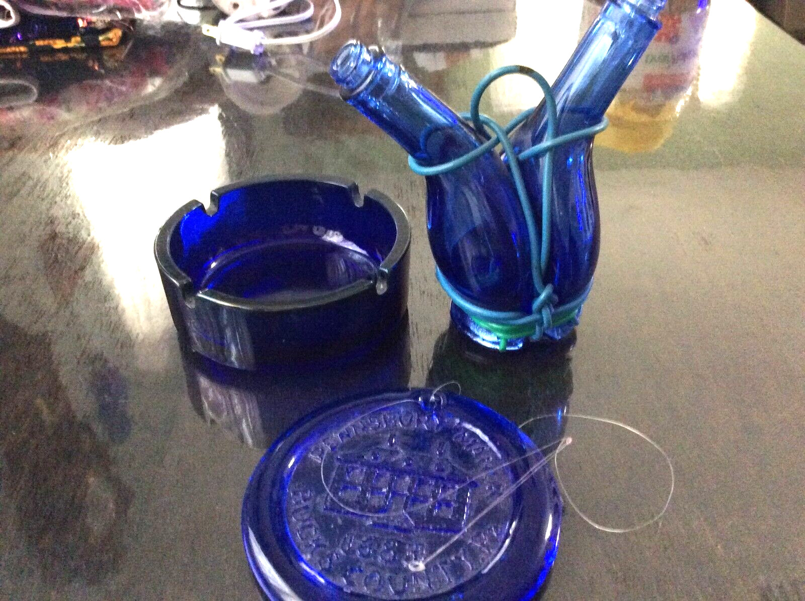 Cobalt Blue Glass 3 pcs Ashtray Embossed suncatcher salt pepper set Bottles vint