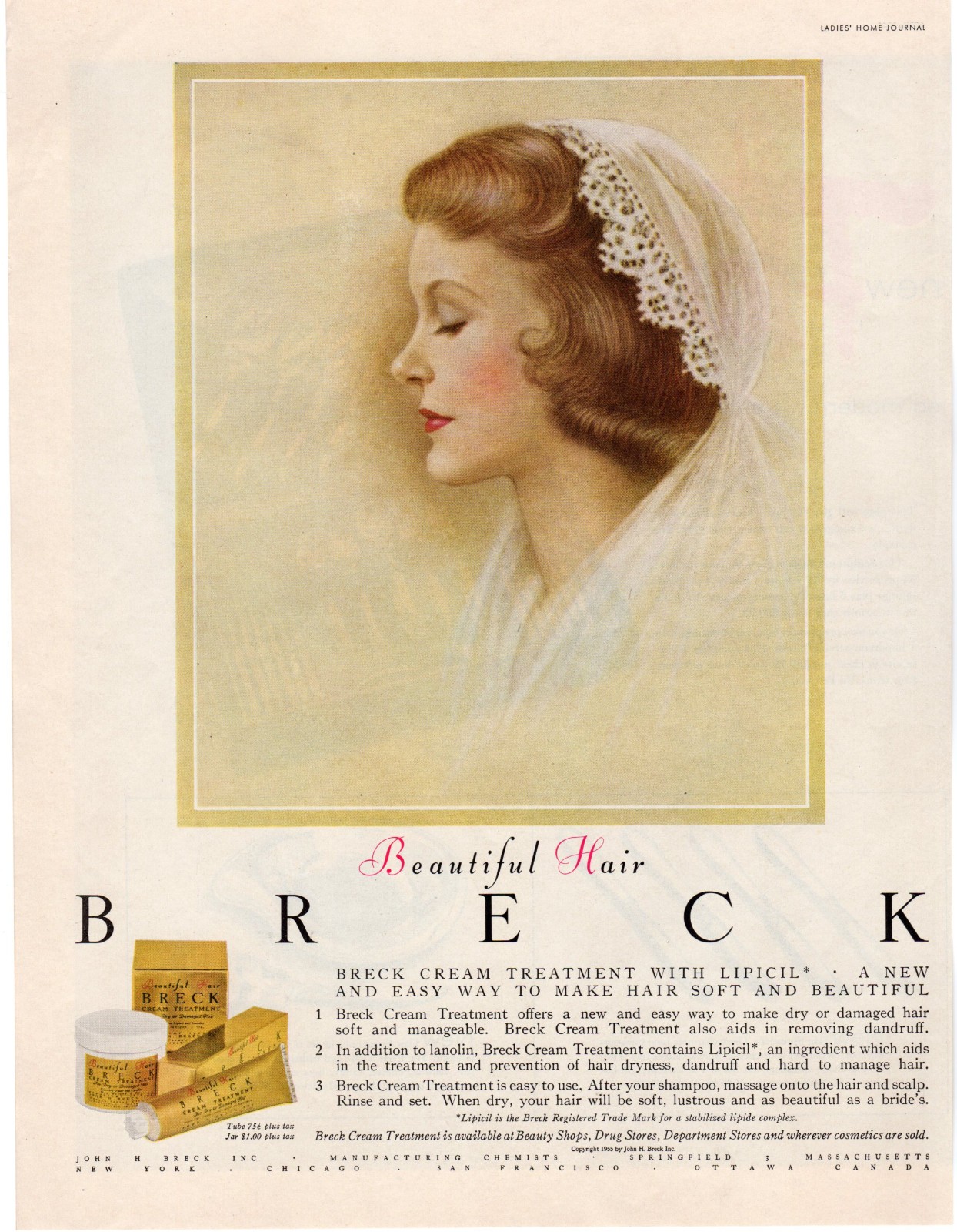 1955 Breck Beautiful Hair Cream Treatment Bridal Bride Wedding Day Beauty Ad