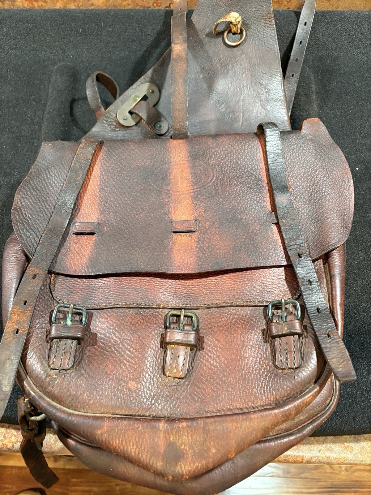 Antique leather WWI era cavalry saddle bags with canvas inserts. 