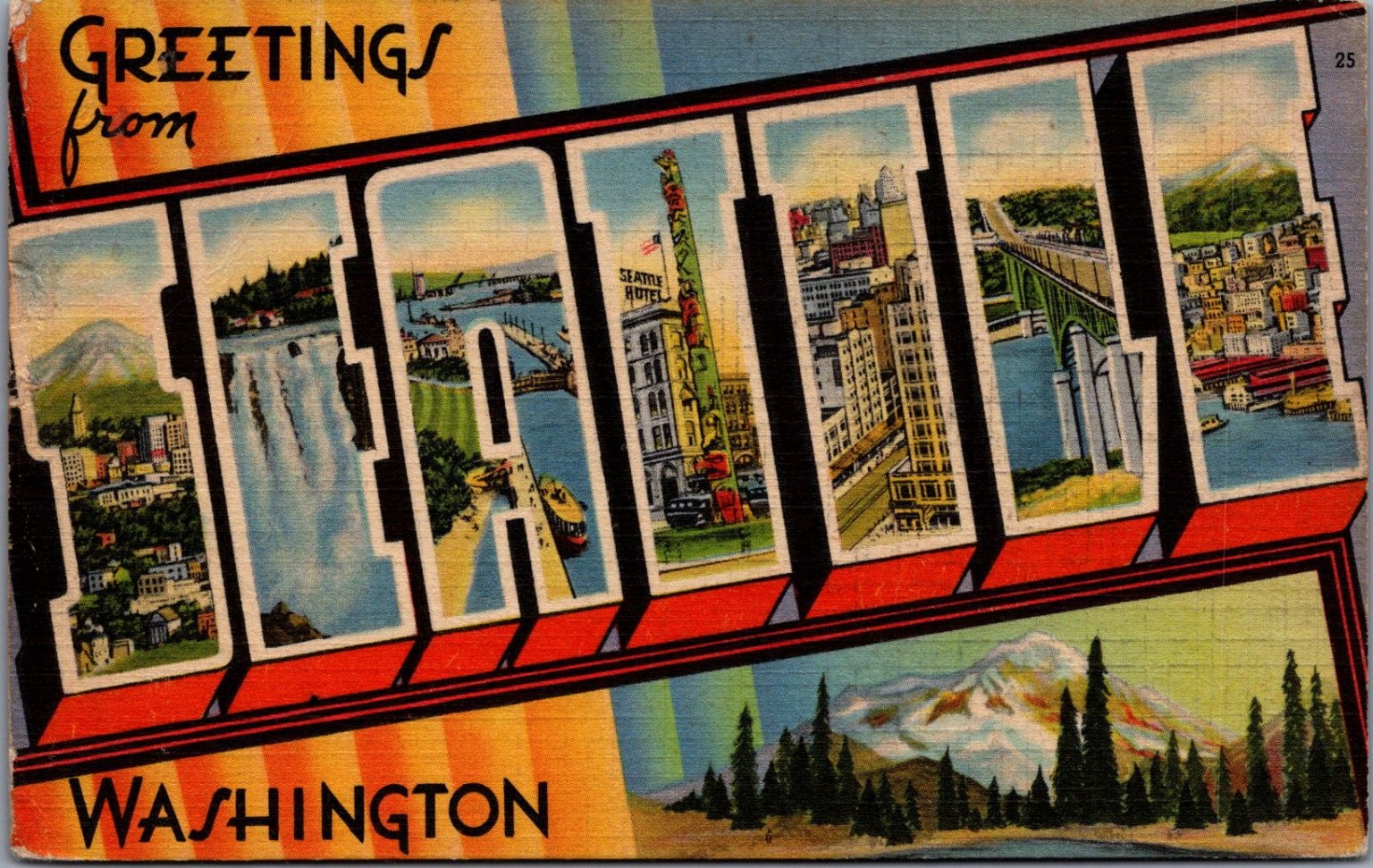 Vintage Greetings from Seattle Washington Large Letter Postcard 1944 Postmark