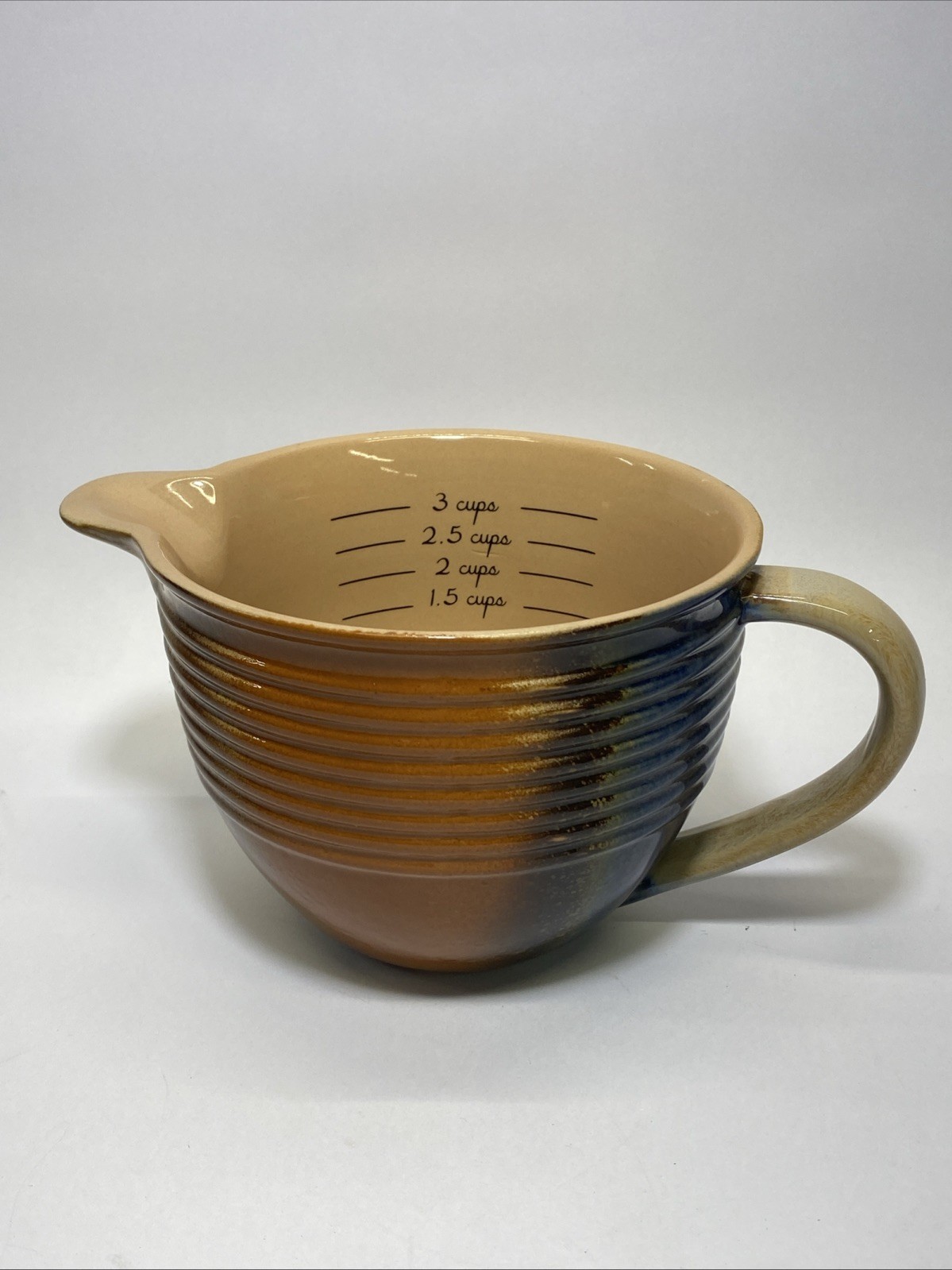 VTG Teleflora Stoneware 3-cup Measuring Cup/Pitcher Brown And Blue Glaze Pottery