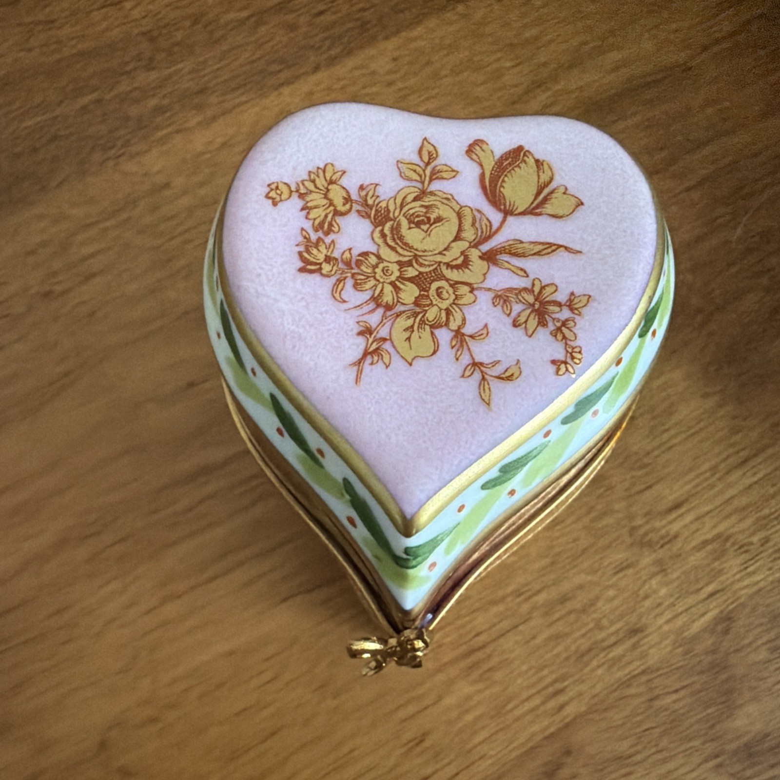 Limoges France Rehausse Heart Pink, Red, Gold Floral Porcelain Ring Box 