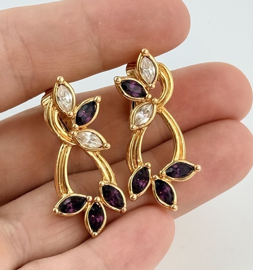 Vintage Avon Clip On Earrings Dangle Gold Tone Filigree Clear Purple Rhinestones