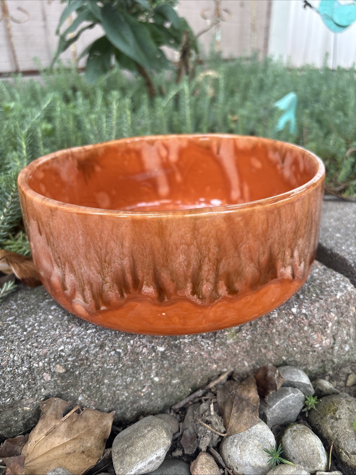 Vtg Frank Moreno Ceramic MCM 1960’s USA Orange Brown Drip Glaze Planter Bowl