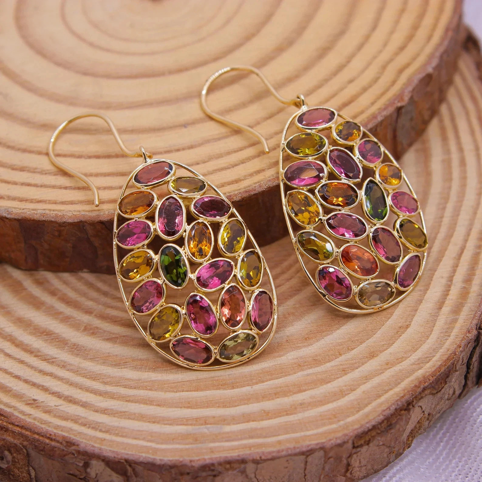 Rainbow Multi Tourmaline Bezel Set 10K Yellow Gold Over Everyday Women's Earring