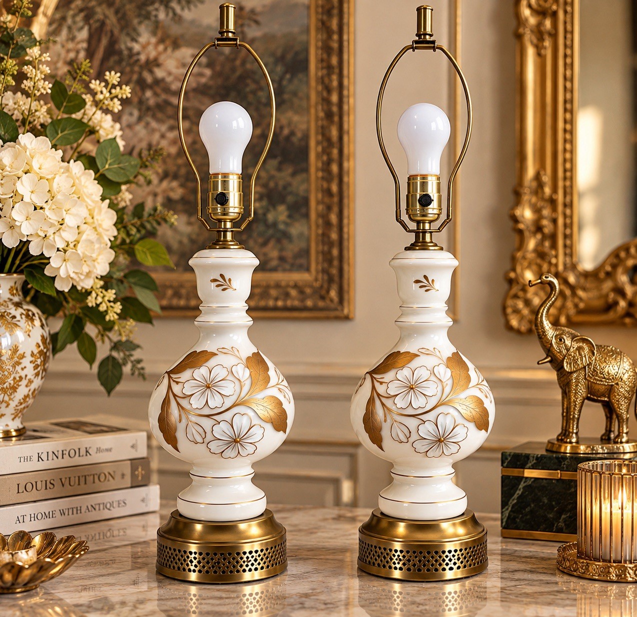 Pair Vintage 1950s Hollywood Regency Satin Glass Floral Table Lamps Gold White
