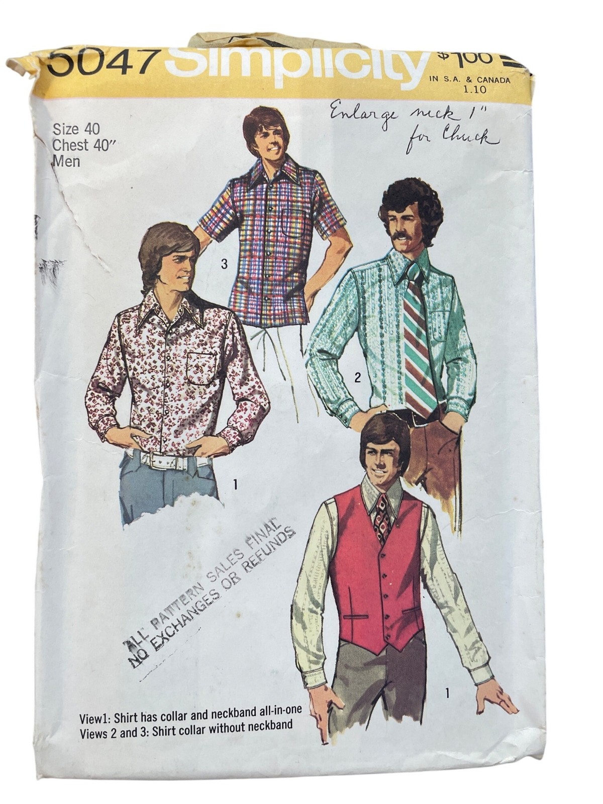 Vintage 70s Simplicity 5047 Sewing Pattern Size 40 Mens Vest & Shirts Retro CUT