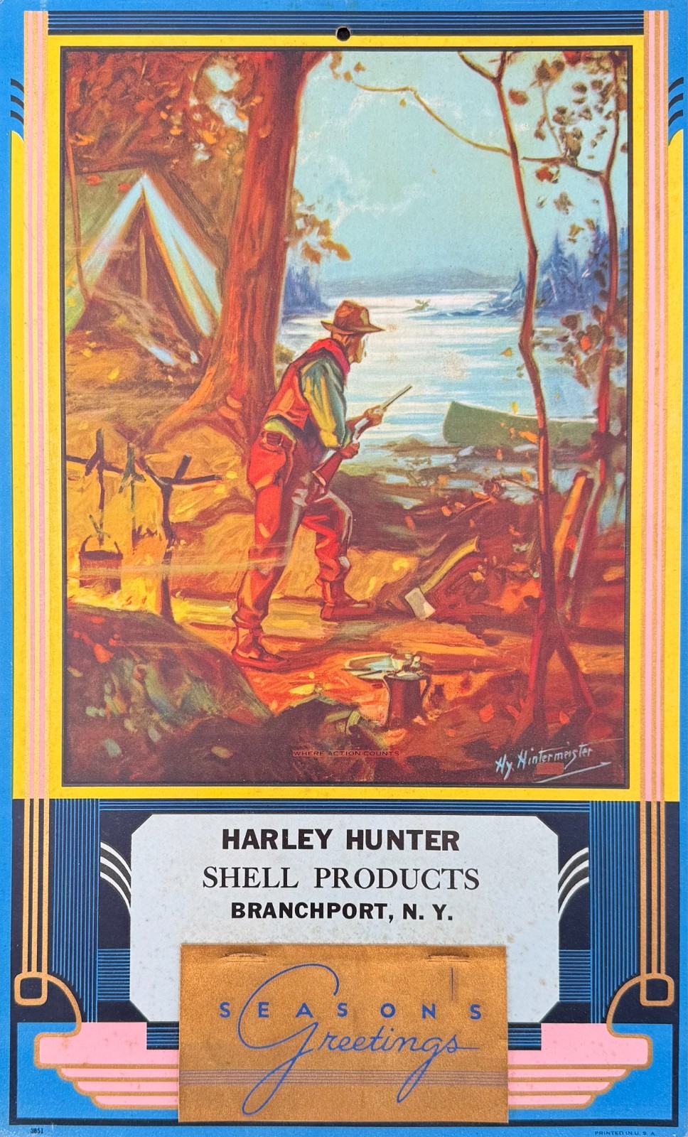 1938 Hy Hintermeister Calendar Where Action Counts Shell Branchport NY Vintage