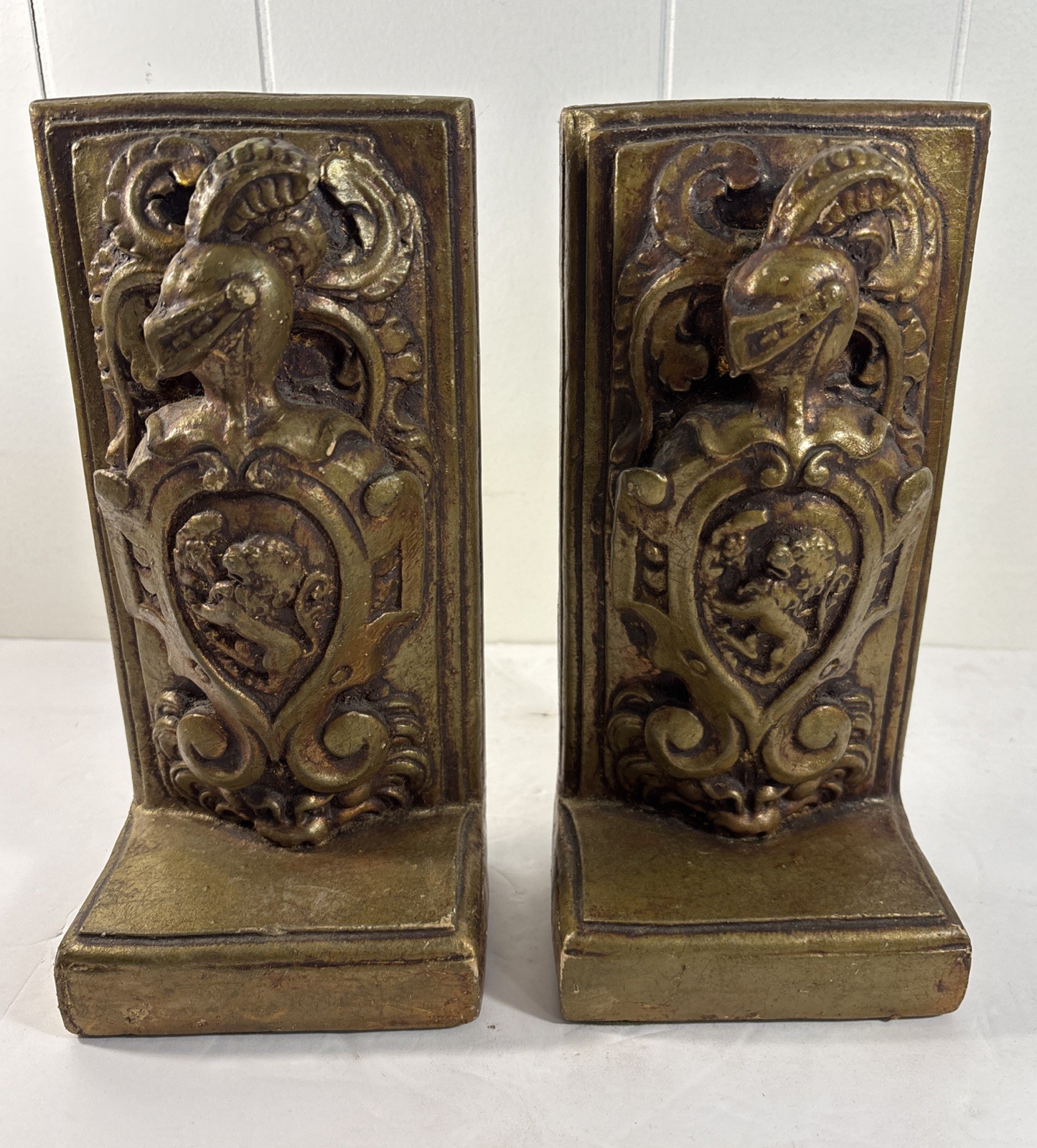 Vintage Attila’s Knight Bookends Cast Stone Carved Detail