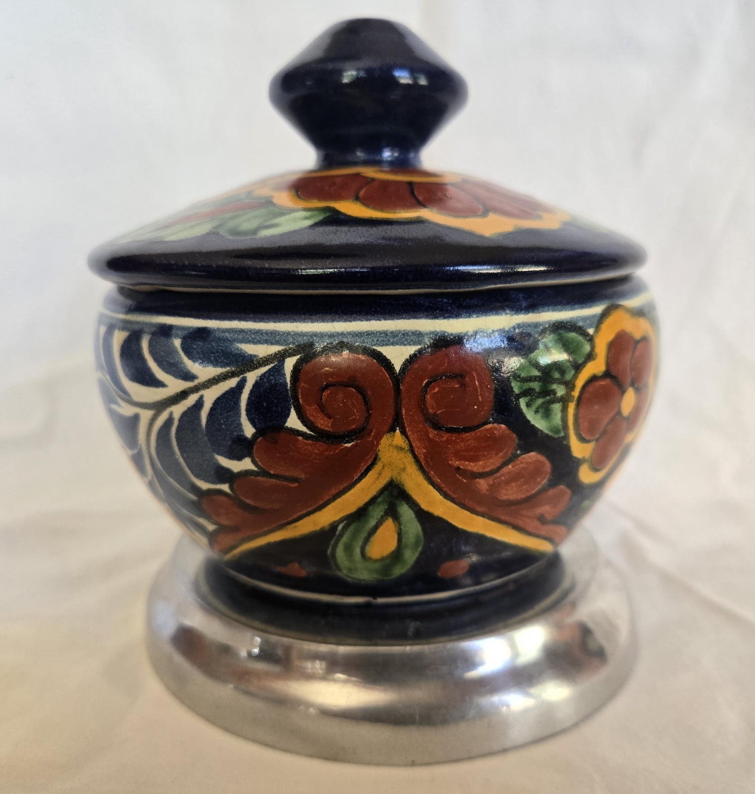 Vintage Mexican Folk Art Lidded Jar By Casal Workshop Mexican Pewter Base