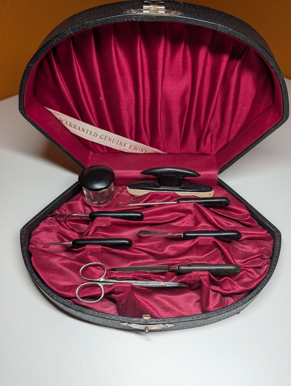 Antique Genuine Ebony Manicure Grooming Set Fitted Case Victorian Edwardian