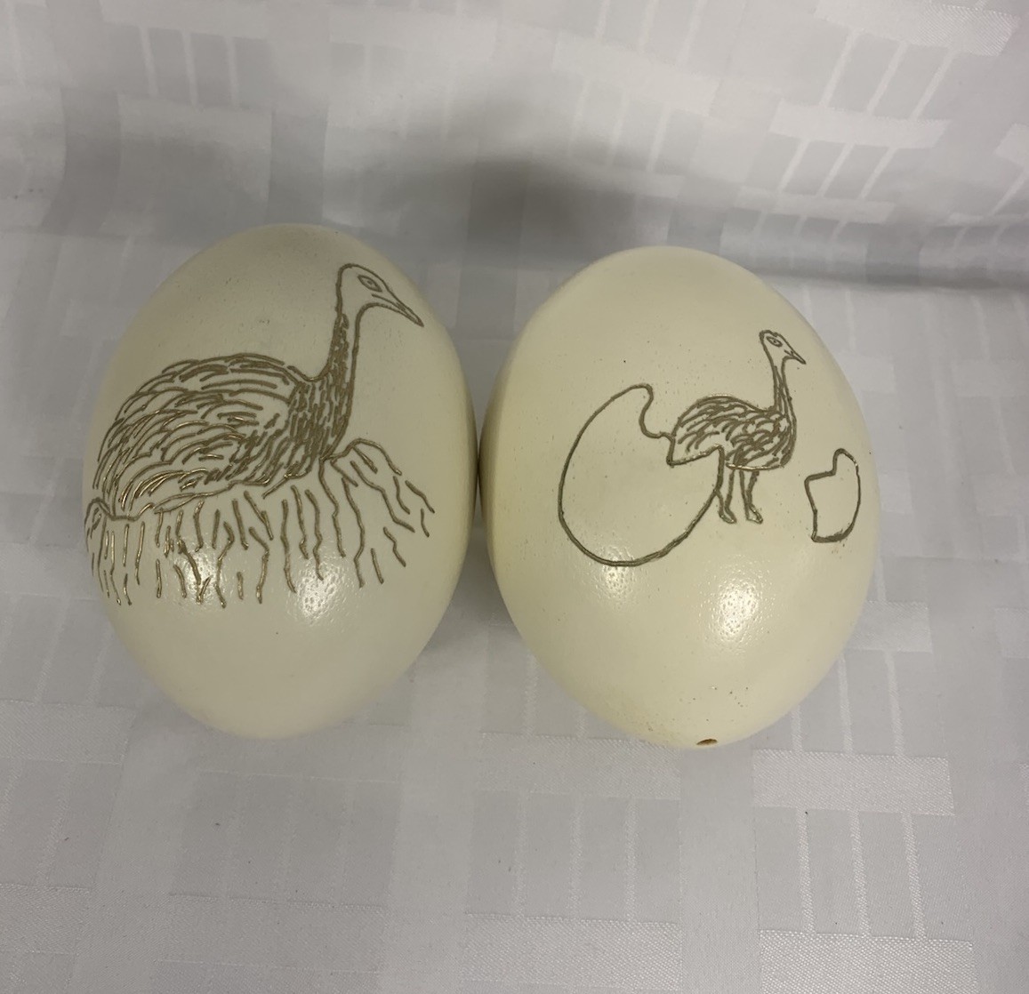 Natural Ostrich Egg Shell Hand Carved Etched Ostrich Decor 5.5” H 2-pc