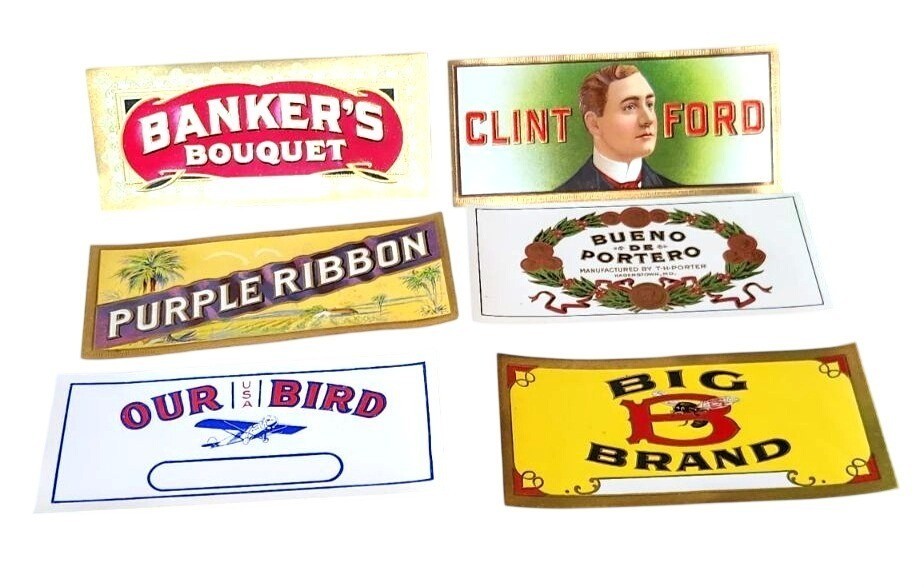6 Vintage Cigar Box Labels Embossed Lithograph Banker\'s Bouquet Clint Ford