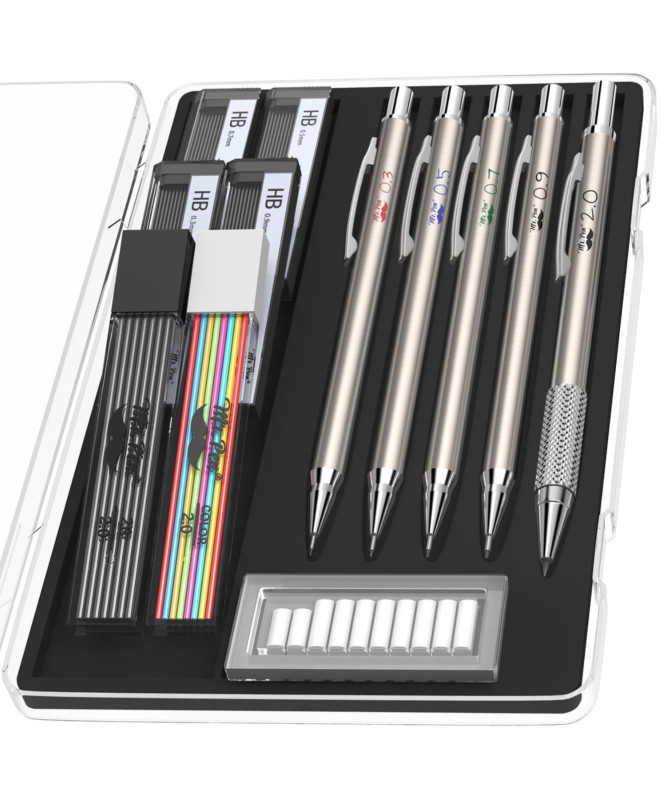 - Metal Mechanical Pencil Set with Lead and Eraser Refills, 5 Sizes - Metal Mechanical Pencil Set with Lead and Eraser Refills, 5 Sizes